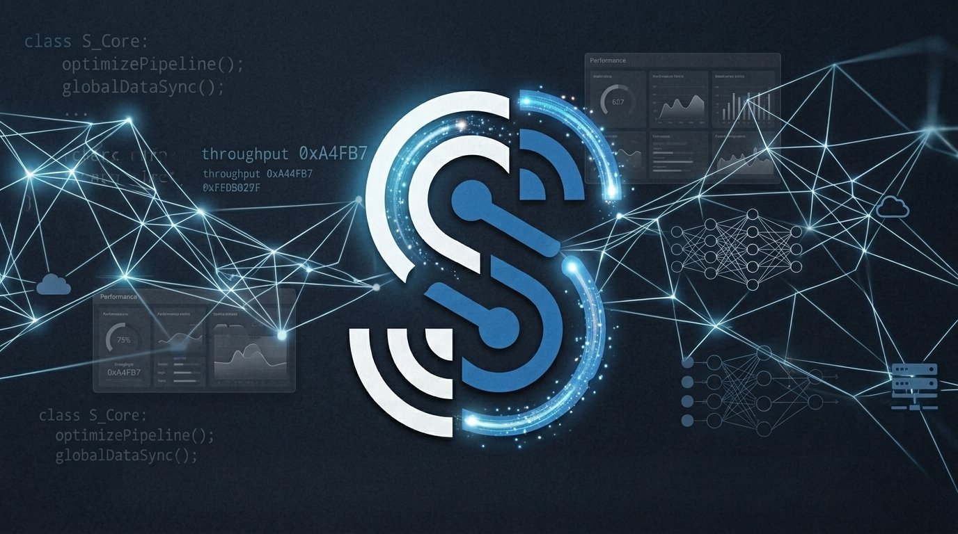 Wide cinematic artwork of the glowing Sydrek mark inside a blue network of nodes, code, and dashboards