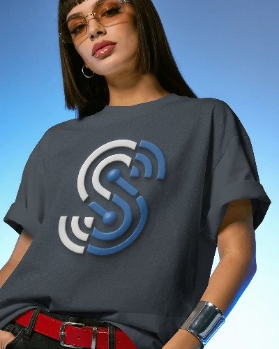 A person wearing a slate t-shirt printed with the large Sydrek signal mark